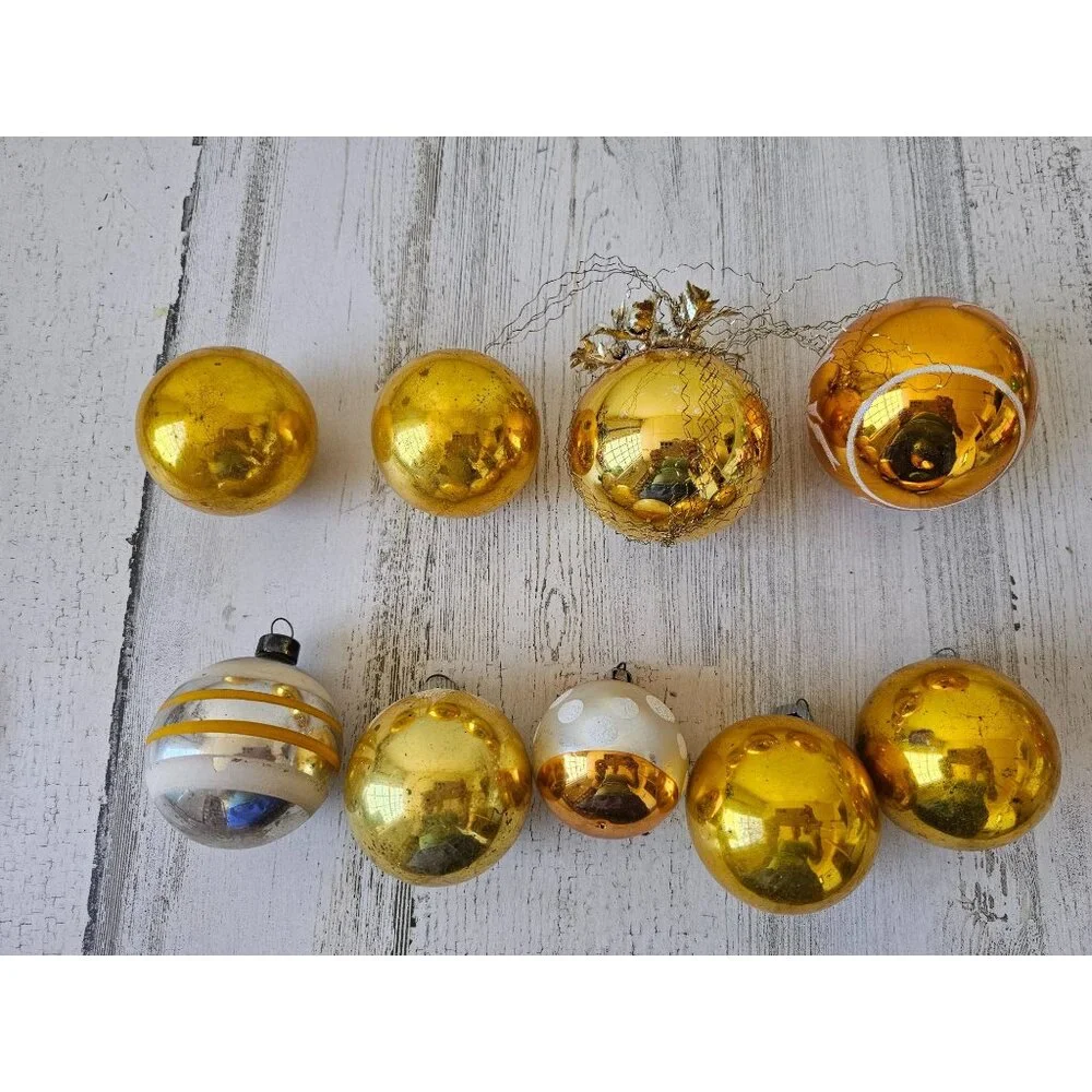 Vintage Mercury glass yellow ball ornament‎ set striped glitter tinsel